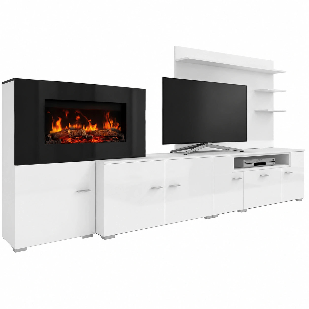 Moderne Wohnwand mit Elektrischem Kamin und LED-Flammen – Modell Olympo – Weiß – 170x290x45 cm