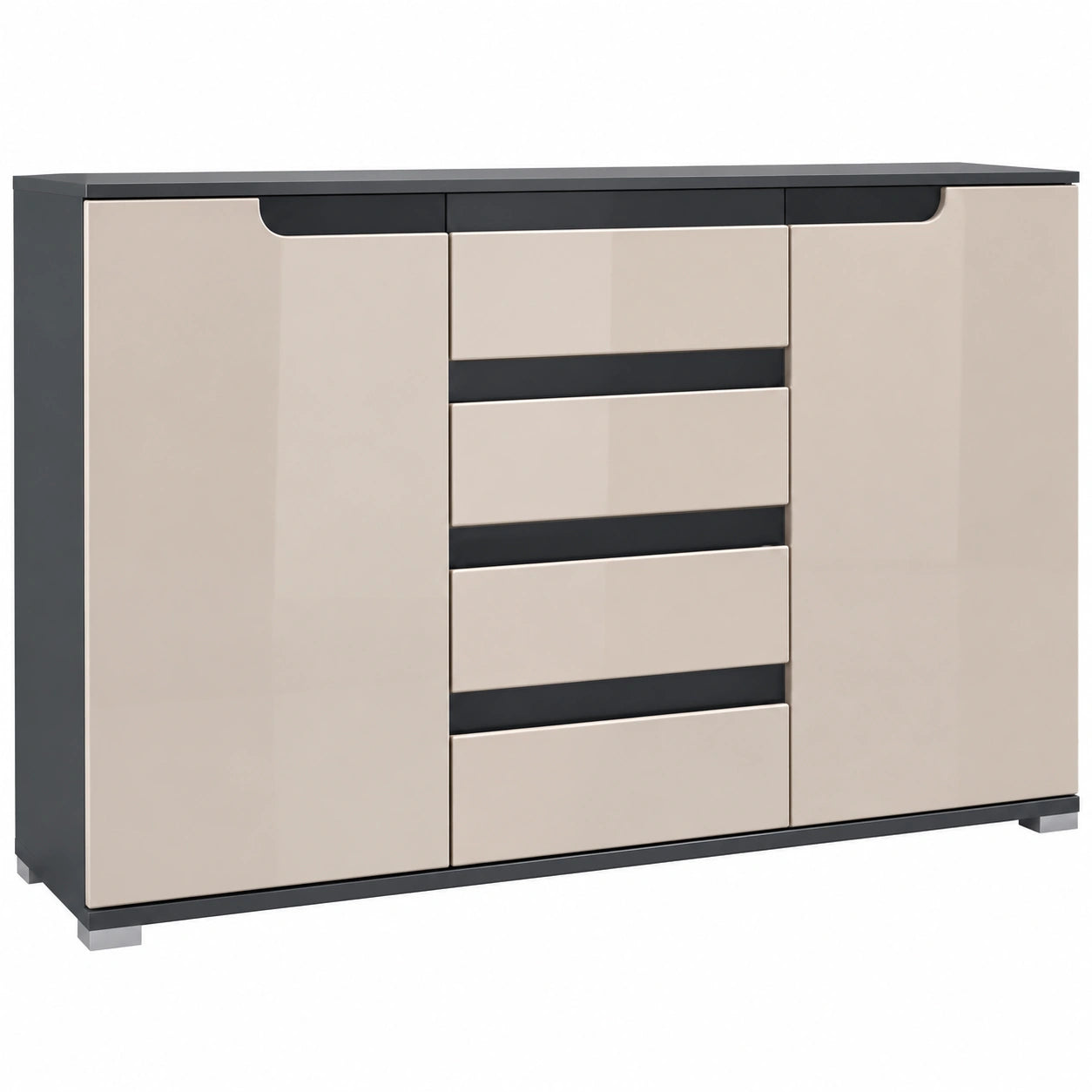 Moderner Sideboard Sylt V1 mit Türen und Schubladen, Anthrazit und Sandgrau Hochglanz