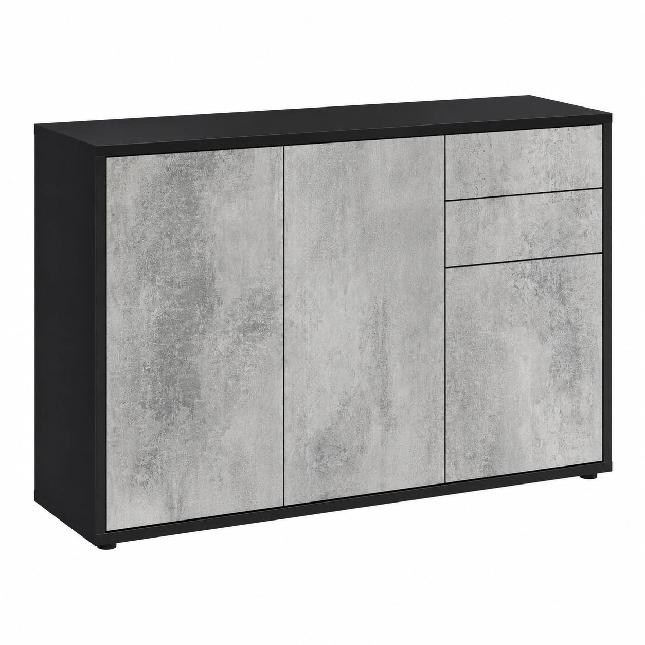 Vladon Sideboard Ben V3, Anrichte mit 3 Türen und 2 Schubladen, Schwarz matt und Betonoxidoptik, 117x74x36 cm