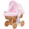 Waldin Baby Stubenwagen-Set, komplett, XXL, 24 Modelle, braun lackiert, rosa Stoffe mit Punkten