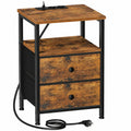 Nachttisch mit Ladefunktion und Stoffschubladen, Beistelltisch mit USB-Ports und Steckdosen, Braun