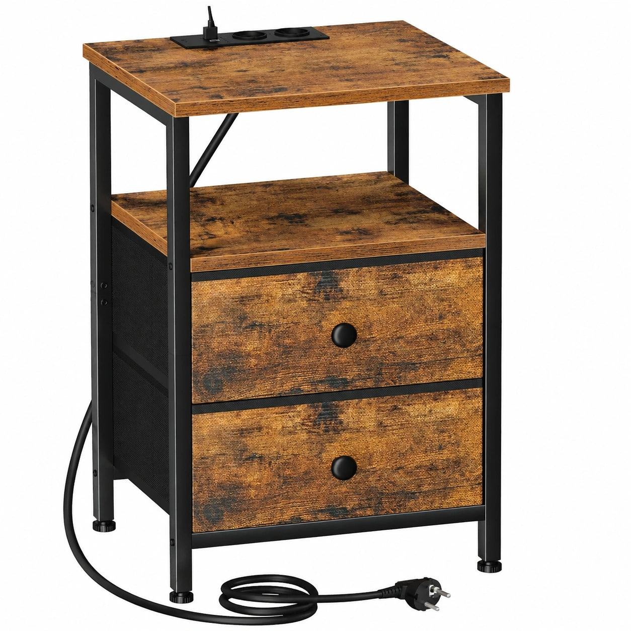 Nachttisch mit Ladefunktion und Stoffschubladen, Beistelltisch mit USB-Ports und Steckdosen, Braun