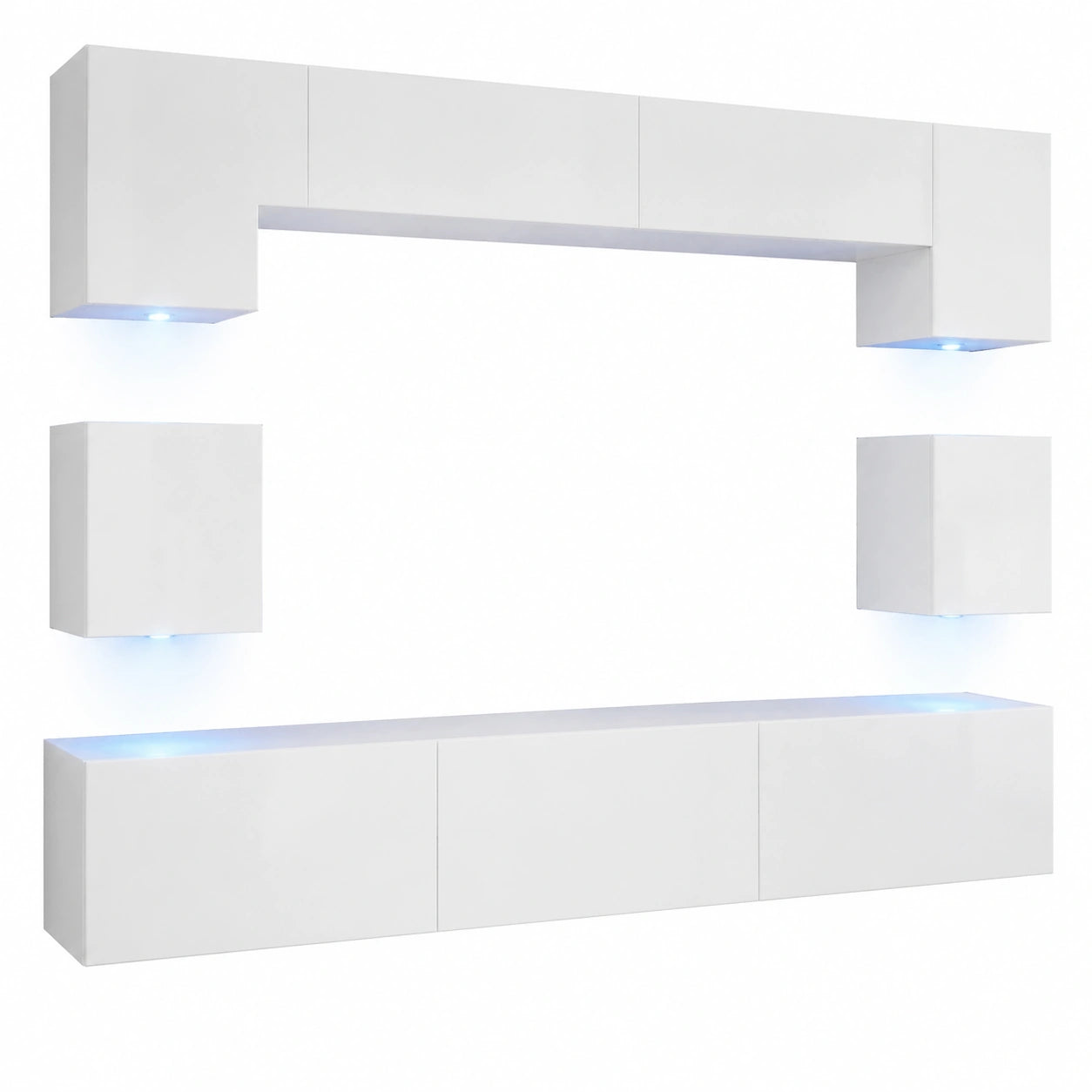 Moderne Wohnzimmer Schrankwand mit LED RGB-Beleuchtung, 16 Farben, hängend, inklusive Regale und TV-Schrank