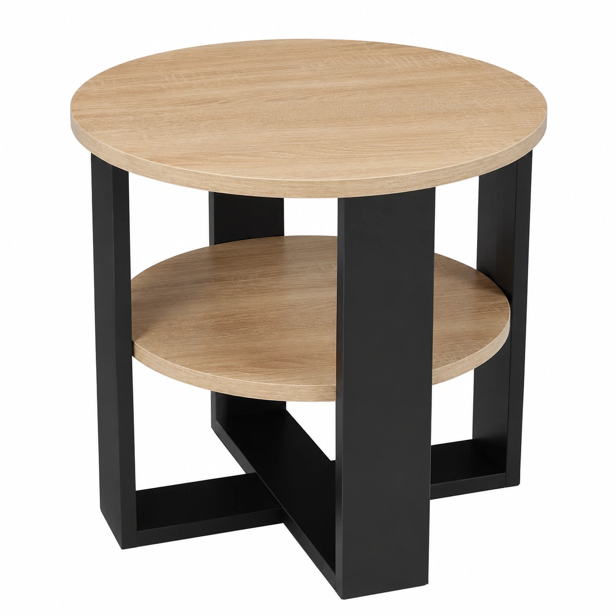 Runder Couchtisch im Industriedesign, Ø53 cm, Sonoma Eiche, mit Ablage