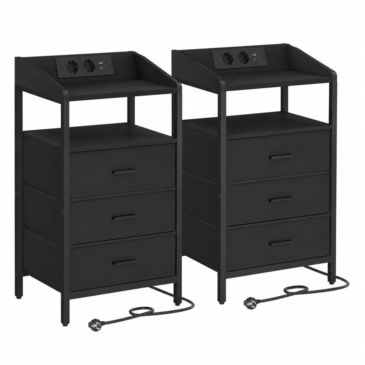 Moderner Nachttisch 2er-Set mit LED und USB-Ladefunktion, 3 Schubladen, Schwarz