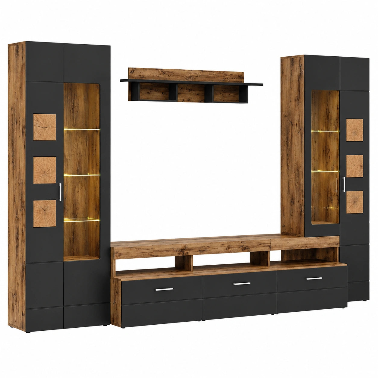 Moderne Wohnwand SONATE in Eiche Altholz mit LED und Schwarz-Elementen, 330 x 208 x 52 cm