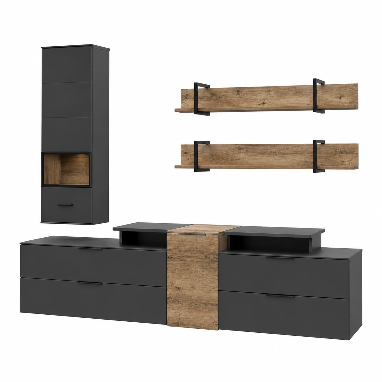 Stella Trading MEDIANA Wohnwand Set in Cognac Eiche und Graphit