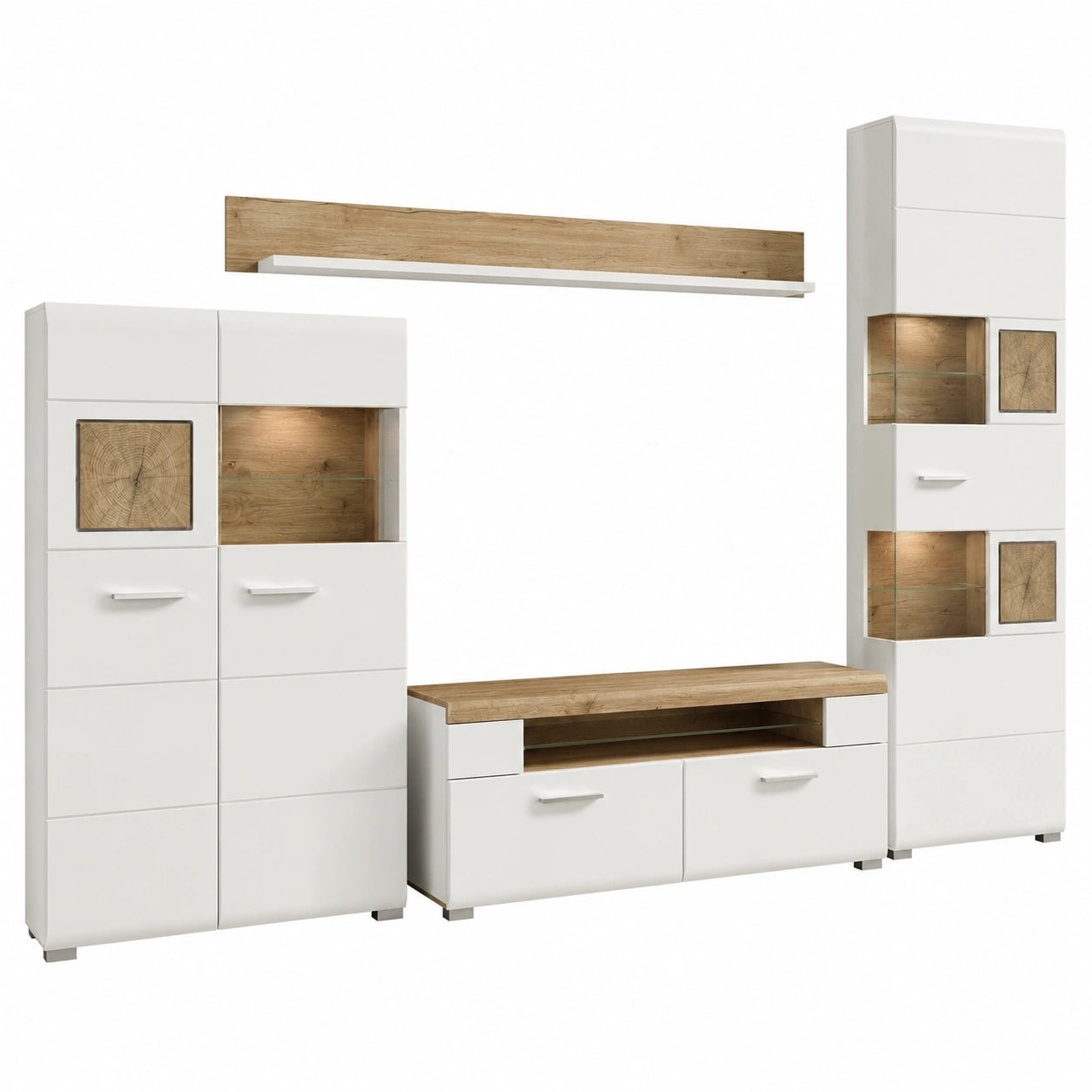 Moderne Wohnwand mit Eichedekor und Hirnholz-Details - Komplettset für stilvolles Wohnzimmer
