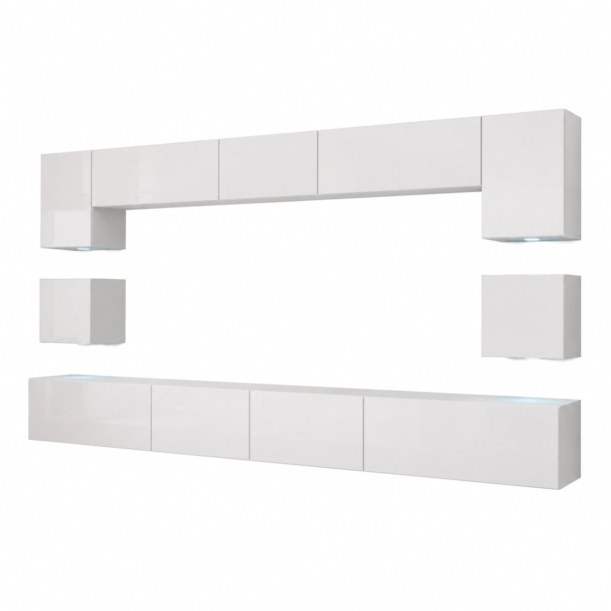 Moderne Wohnwand mit LED-Beleuchtung, 16 Farben, hängendes Design, weiß