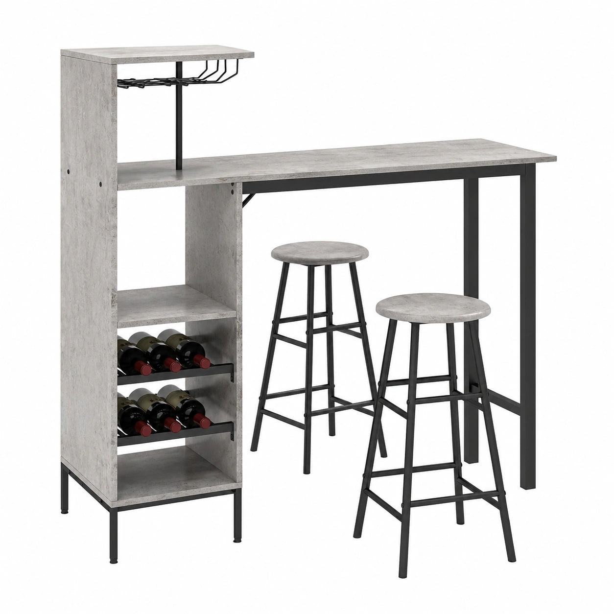 Moderner Bartisch mit Hocker-Set, 2 Personen, inkl. Glashalterungen und Flaschenregal, ideal für Wohnzimmer und Küche, Grau