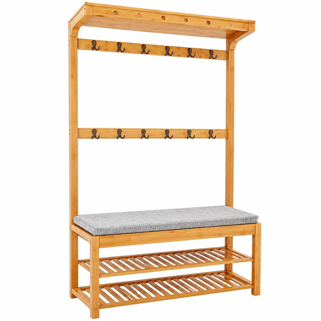 Bambus Garderobenständer mit Sitzbank – 10 Haken & Schuhregal, 175 cm, ideal für Flur & Schlafzimmer