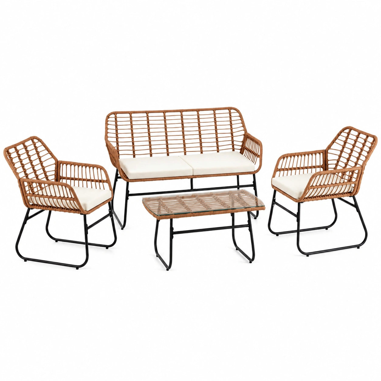 Hochwertige Rattan Sitzgruppe für Garten und Balkon, inkl. Bank, 2 Stühle und Tisch - Natur