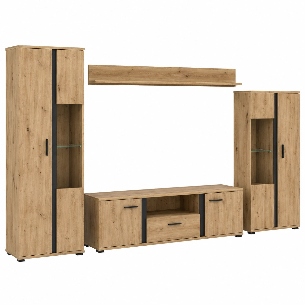 Moderne Wohnwand Set aus Artisan Eiche mit LED Beleuchtung - Schwarz - 340 x 196 x 40 cm