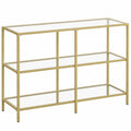 VASAGLE Konsolentisch mit Glasregalen, modernes Metallgestell, 3 Ebenen, 30x100x73 cm, Gold-Transparent