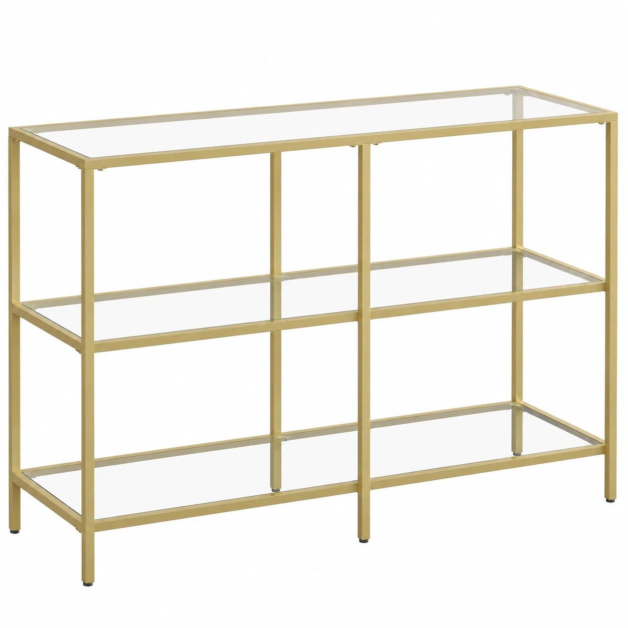 VASAGLE Konsolentisch mit Glasregalen, modernes Metallgestell, 3 Ebenen, 30x100x73 cm, Gold-Transparent