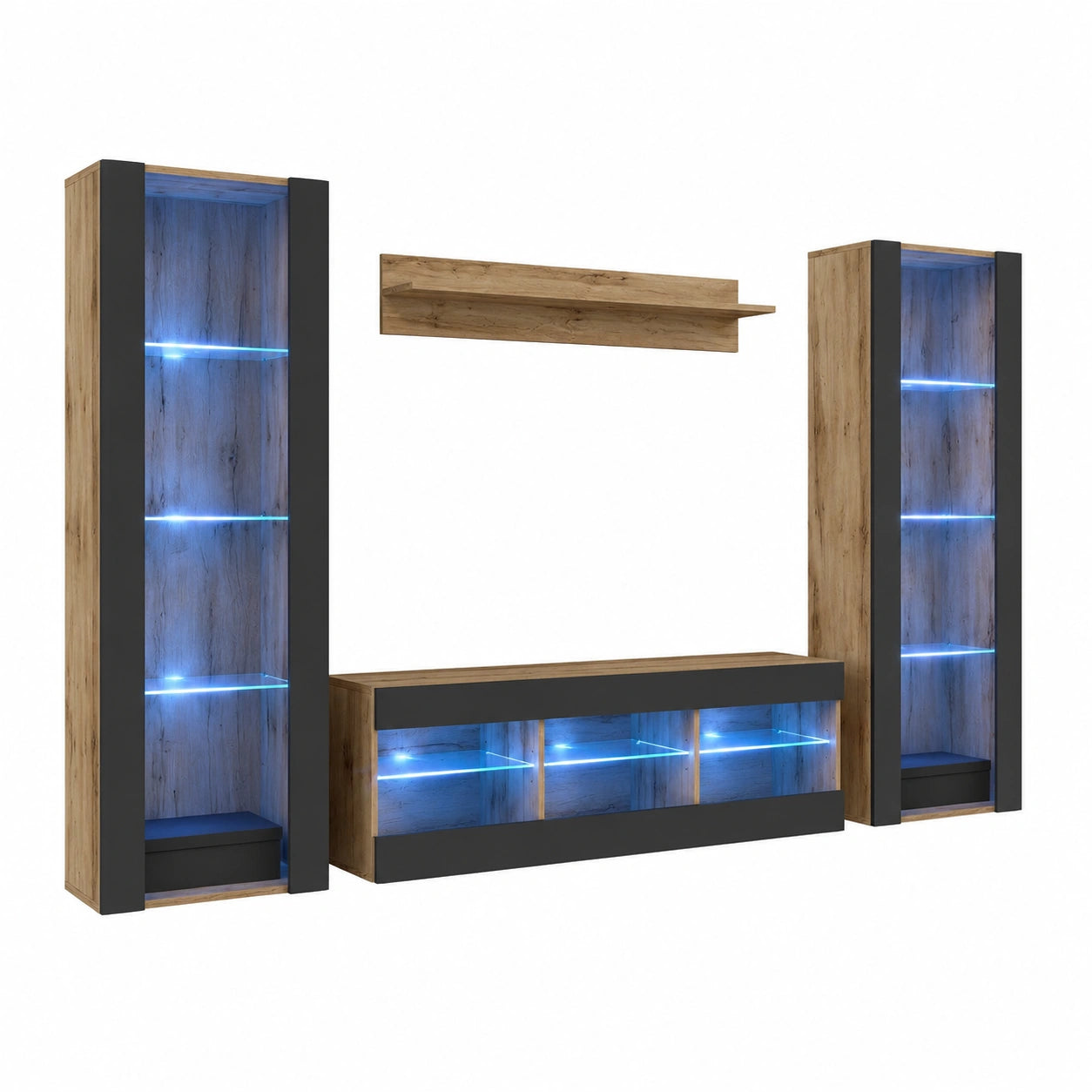 Modernes Wohnzimmer-Set Tivoli Grande, Schwarz/Wotan mit LED-Beleuchtung, 250cm x 159cm x 35cm