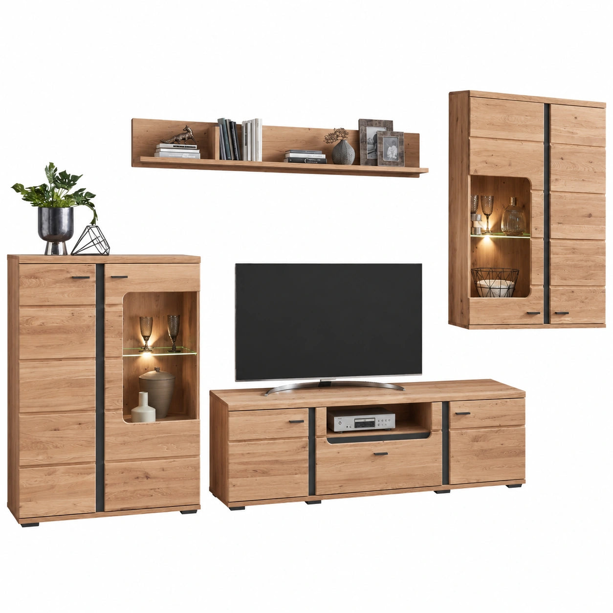 Moderne Wohnwand aus Massivholz in Altesche Optik mit LED-Beleuchtung, FSC-zertifiziert, für Wohnzimmer
