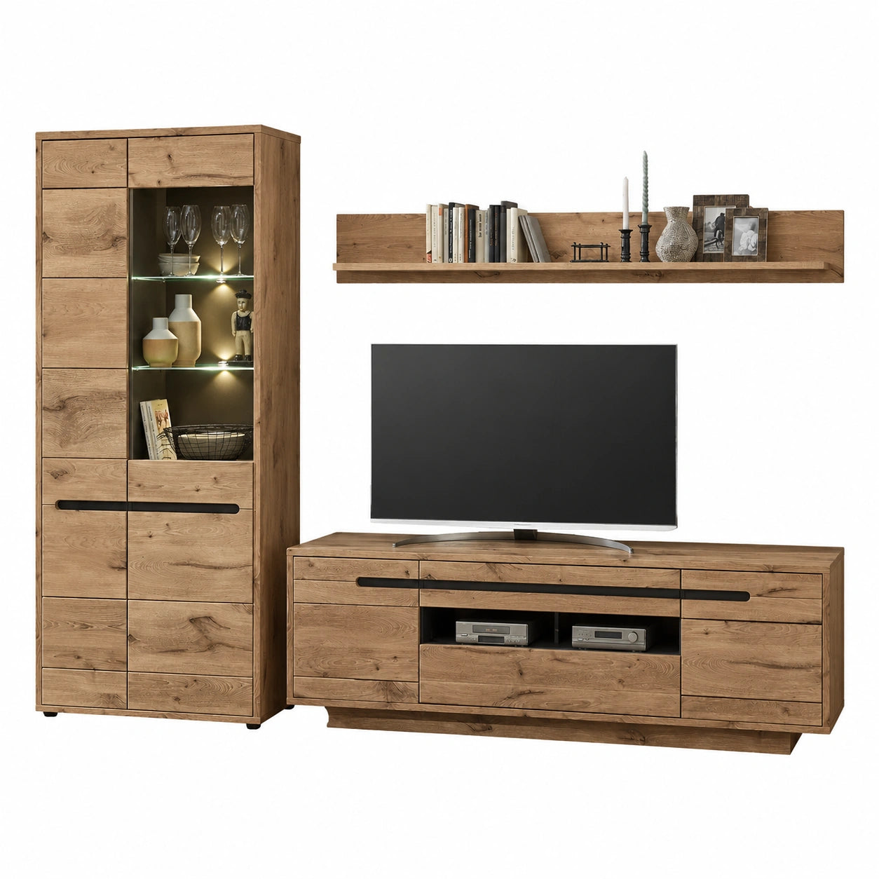 Moderne Wohnwand mit LED in Eiche Viking und Graphit, 299x202x44cm