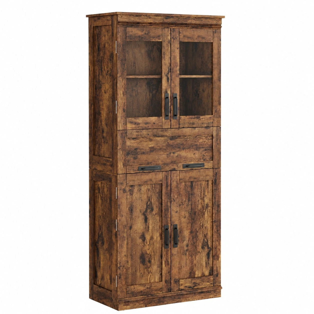 Hochschrank für Badezimmer, Küche oder Wohnzimmer mit Glastüren und verstellbaren Regalen, 170 cm, Braun