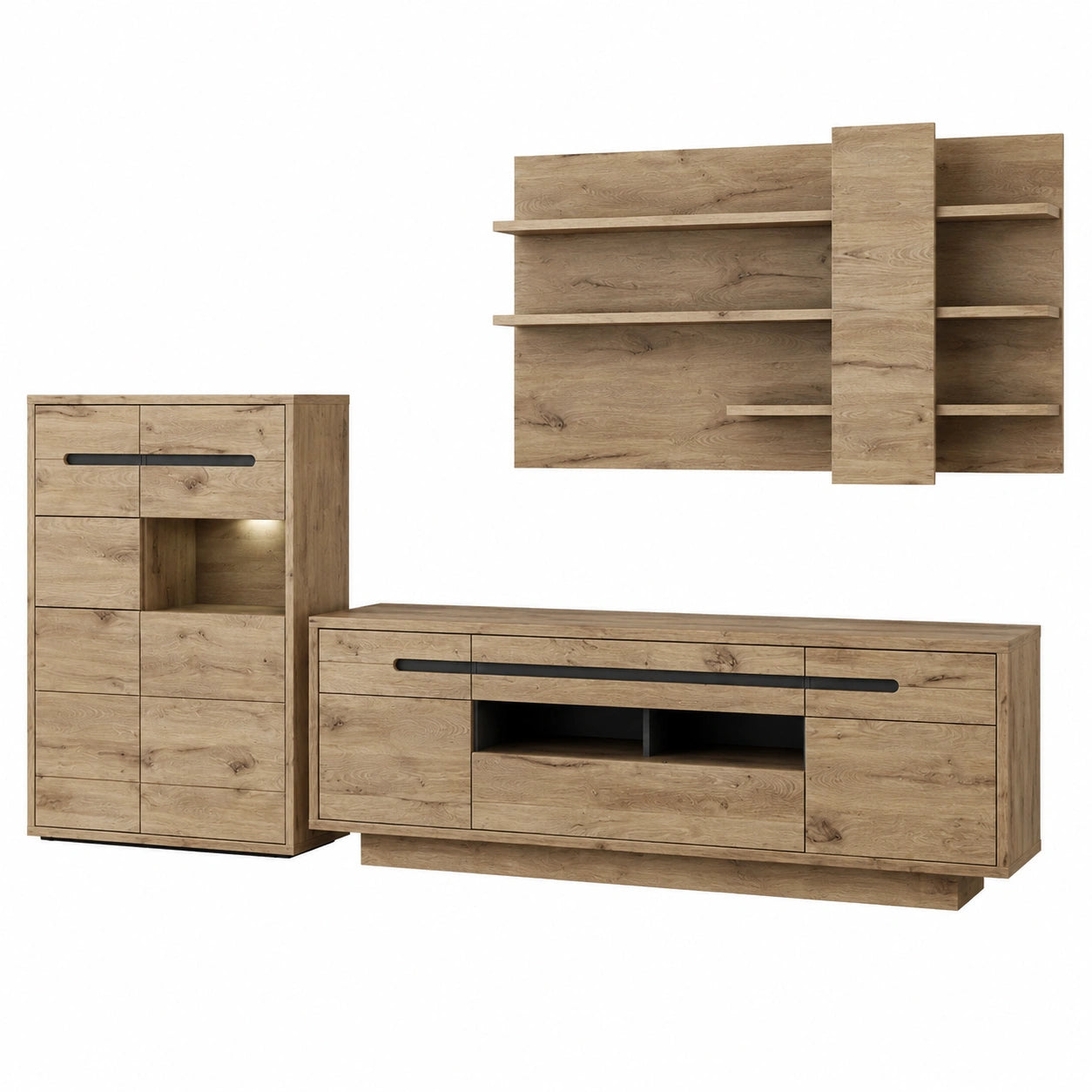 Moderne Wohnwand BELLANO mit LED in Eiche und Graphit, 332x186x44 cm