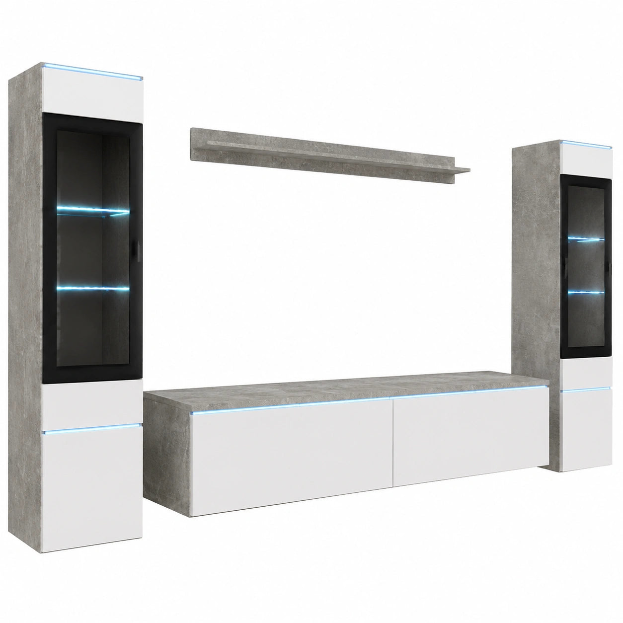 Moderne Wohnwand Set Veve 2, 4-teilig, Weiß Hochglanz & Betonoptik, flexibel montierbar