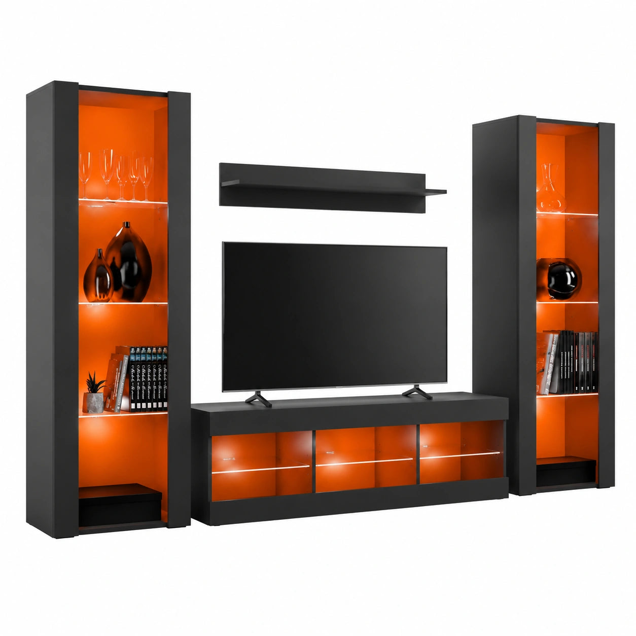 Wohnwand Tivoli Grande in Schwarz mit LED-Beleuchtung, 250cm