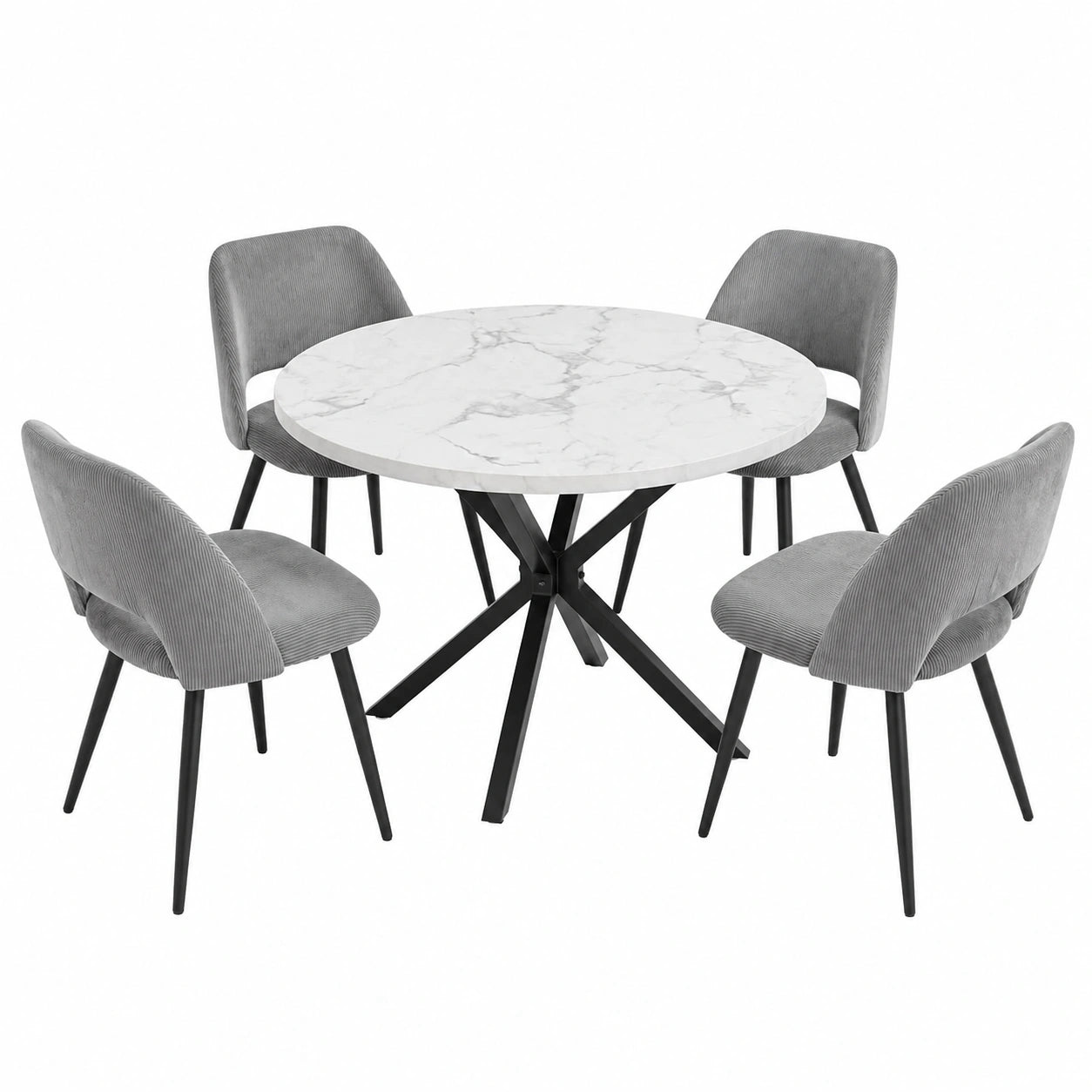 Runder Esstisch-Set mit 4 Cordgepolsterten Stühlen, 100 cm, Marmoroptik, Hohlrückenlehne, Grau