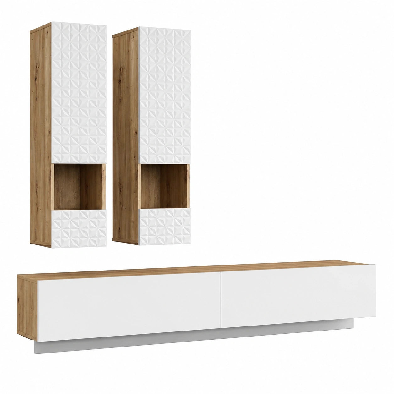 Moderne Wohnwand Rezzo in Eiche und Weiß mit Soft-Close, frei positionierbares TV-Element