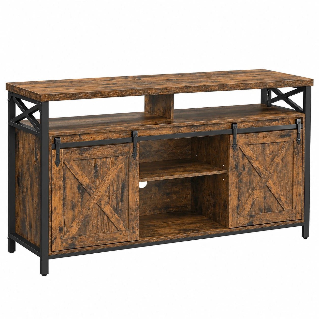 VASAGLE Fernsehschrank, Lowboard für Fernseher bis 65 Zoll, verstellbare Fächer, rustikaler Landhausstil, Metallrahmen, vintagebraun-schwarz