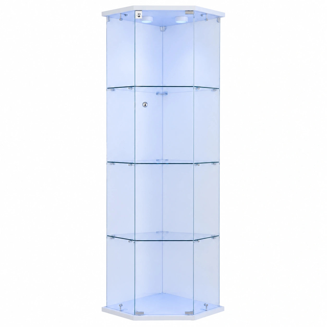 Moderne Eckvitrine mit LED-Beleuchtung, abschließbarer Vitrinenschrank für Sammlerstücke und Bücher, 4 Glasböden, Weiß, 162x60x42,5 cm