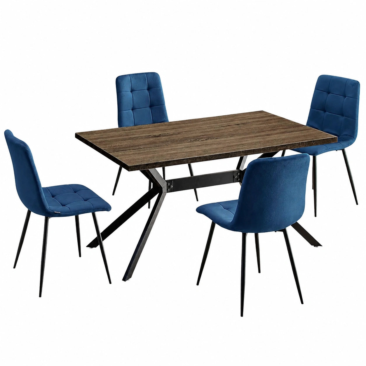 Moderner Esstisch mit 4 Velours-Stühlen, Holztisch 140x80x76 cm, Dunkelblau